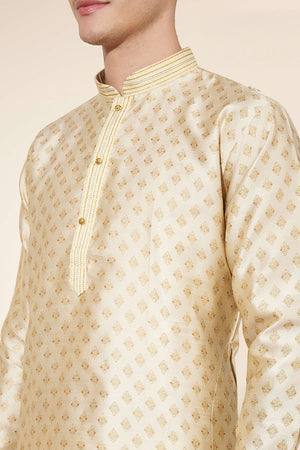 Cream Woven Jacquard Kurta Pyjama Set