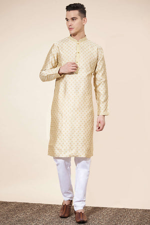 Cream Woven Jacquard Kurta Pyjama Set