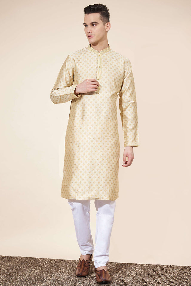 Cream Woven Jacquard Kurta Pyjama Set
