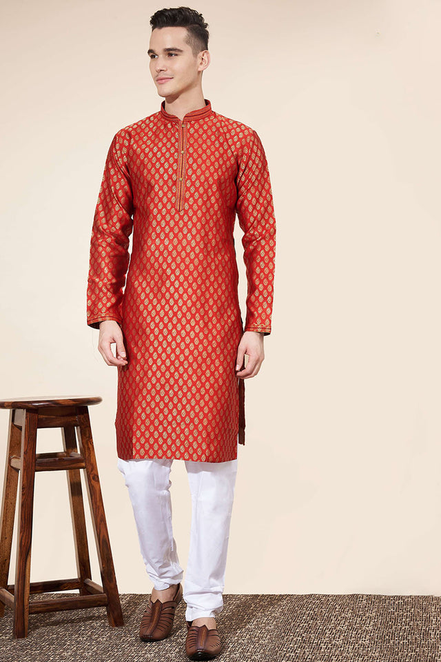 Red Woven Jacquard Kurta Pyjama Set