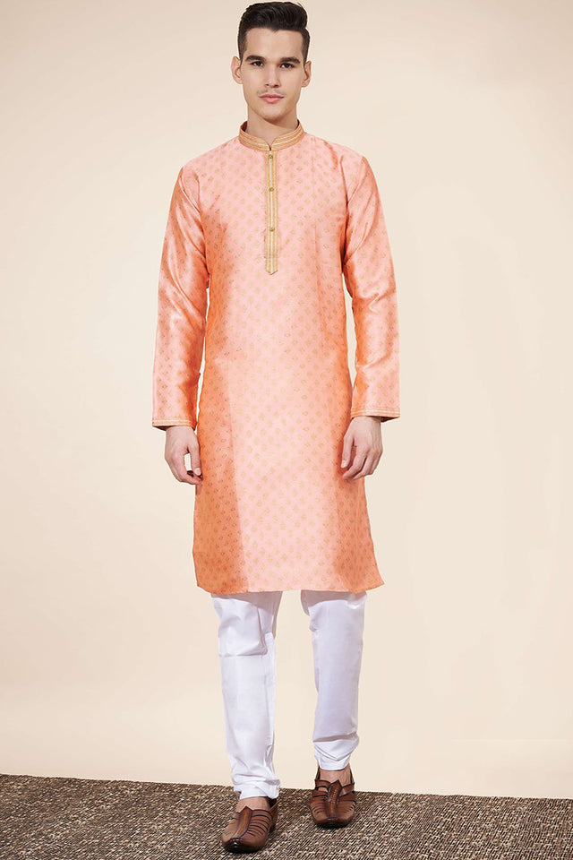 Peach Woven Jacquard Kurta Pyjama Set