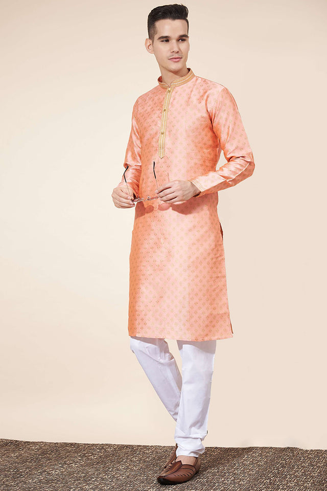 Peach Woven Jacquard Kurta Pyjama Set