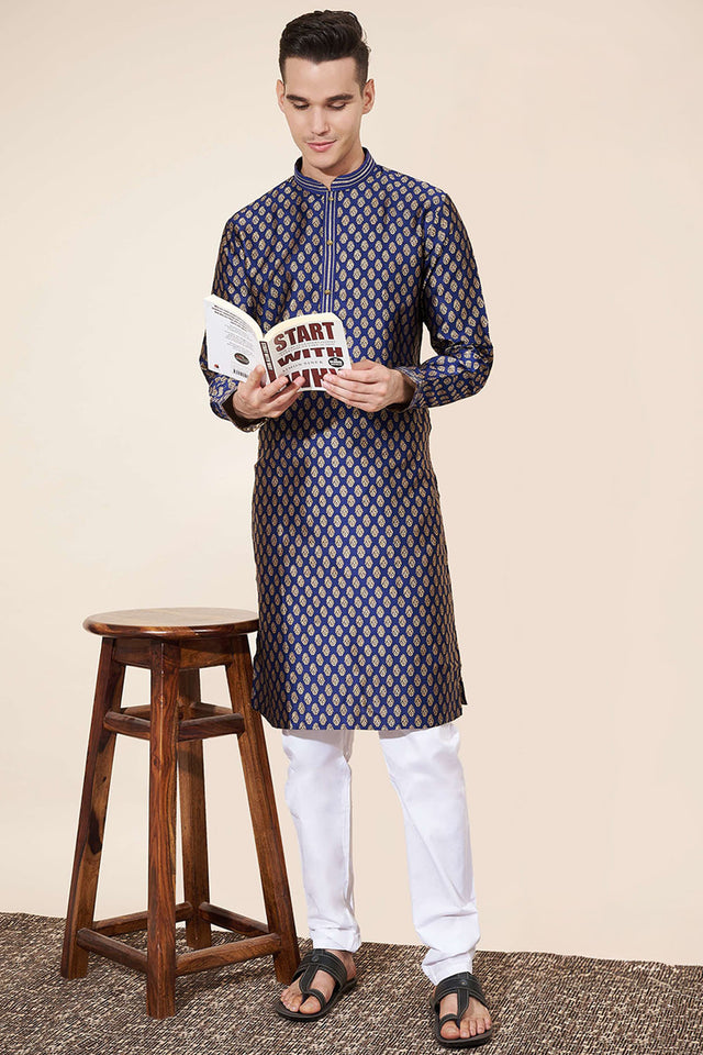 Blue Woven Jacquard Kurta Pyjama Set