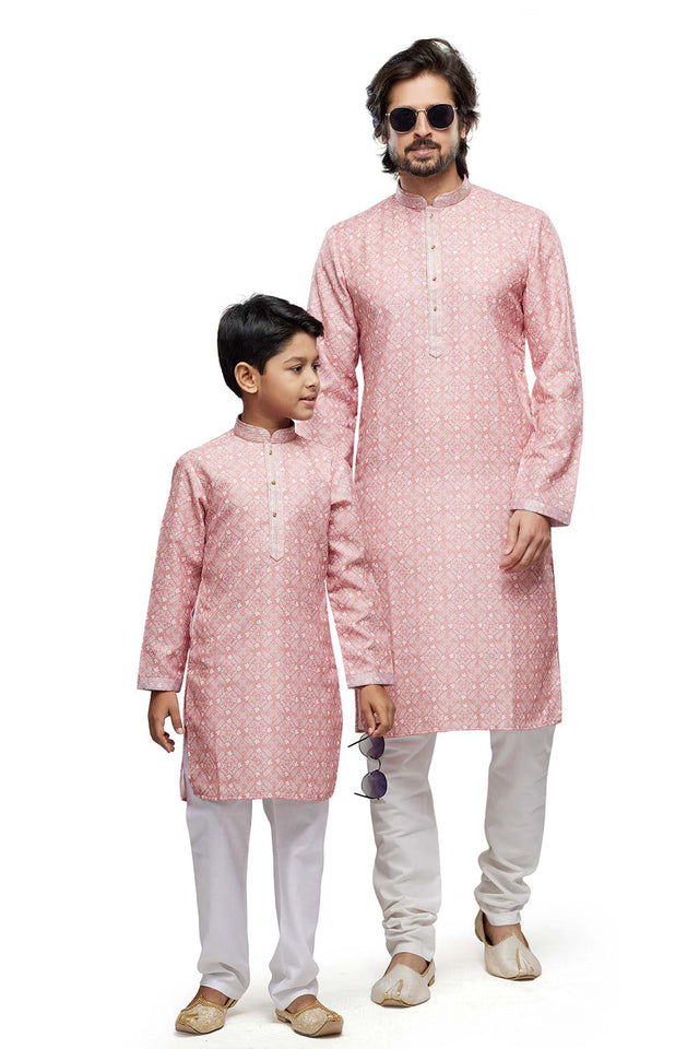 Men's Peach Digital Print Cotton Kurta Pyjama Set