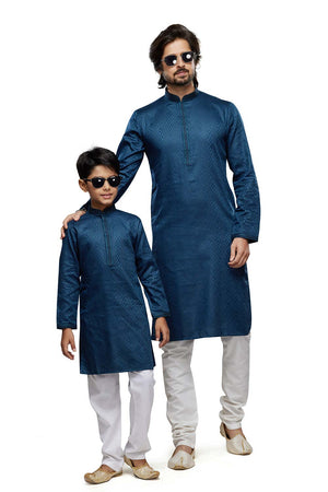 Boy's Peacock Green Self Printed Art Silk Kurta Pyjama Set