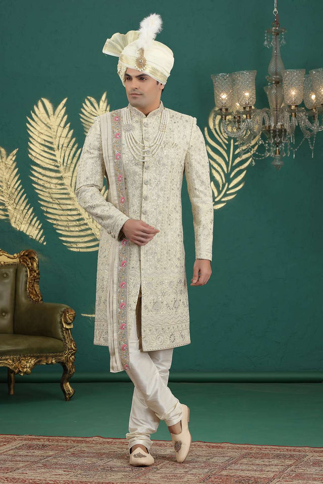 Men's Yellow Sequin with Embroidered Art Silk Sherwani Sets