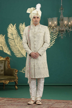 Men's Yellow Sequin with Embroidered Art Silk Sherwani Sets