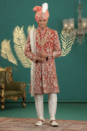 Men's Orange Sequin with Embroidered Art Silk Sherwani Sets