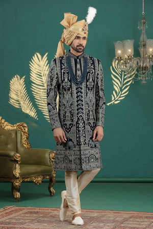 Men's Navy Blue Sequin with Embroidered Art Silk Sherwani Sets