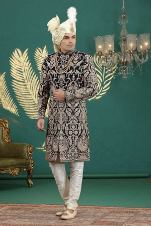 Men's Black Sequin with Embroidered Art Silk Sherwani Sets