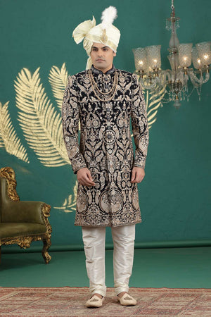 Men's Black Sequin with Embroidered Art Silk Sherwani Sets