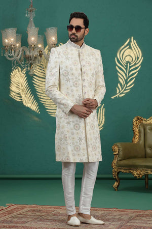 Men's Cream Sequin with Embroidered Art Silk Sherwani Sets