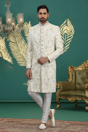Men's Cream Sequin with Embroidered Art Silk Sherwani Sets