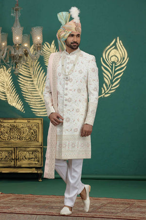 Men's Cream Sequin with Embroidered Art Silk Sherwani Sets