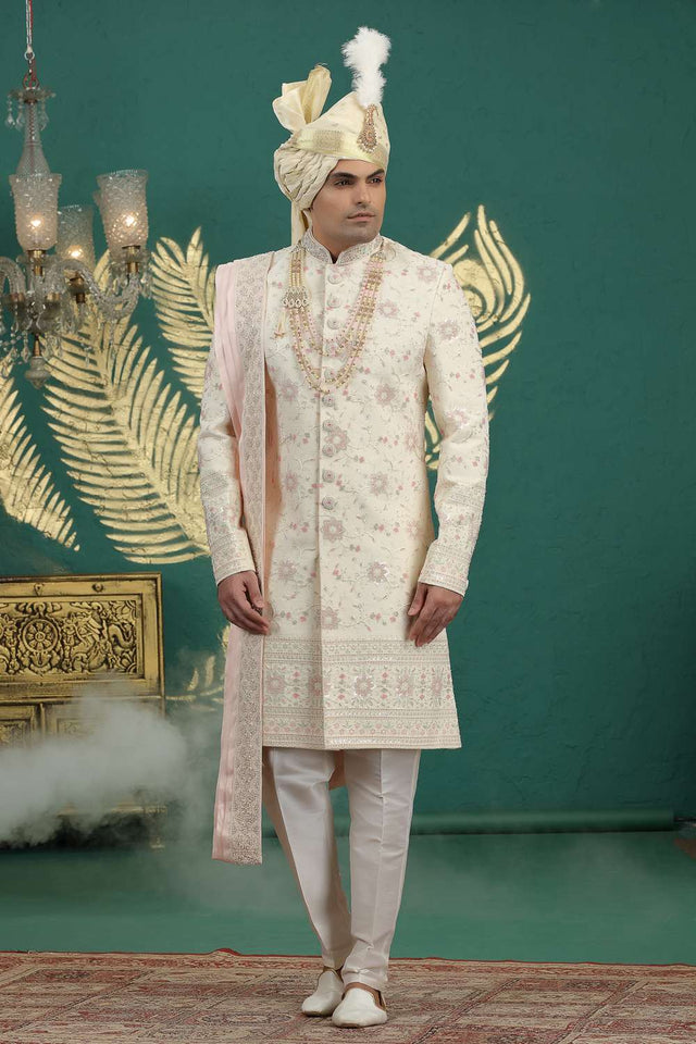 Men's Gold Sequin with Embroidered Art Silk Sherwani Sets