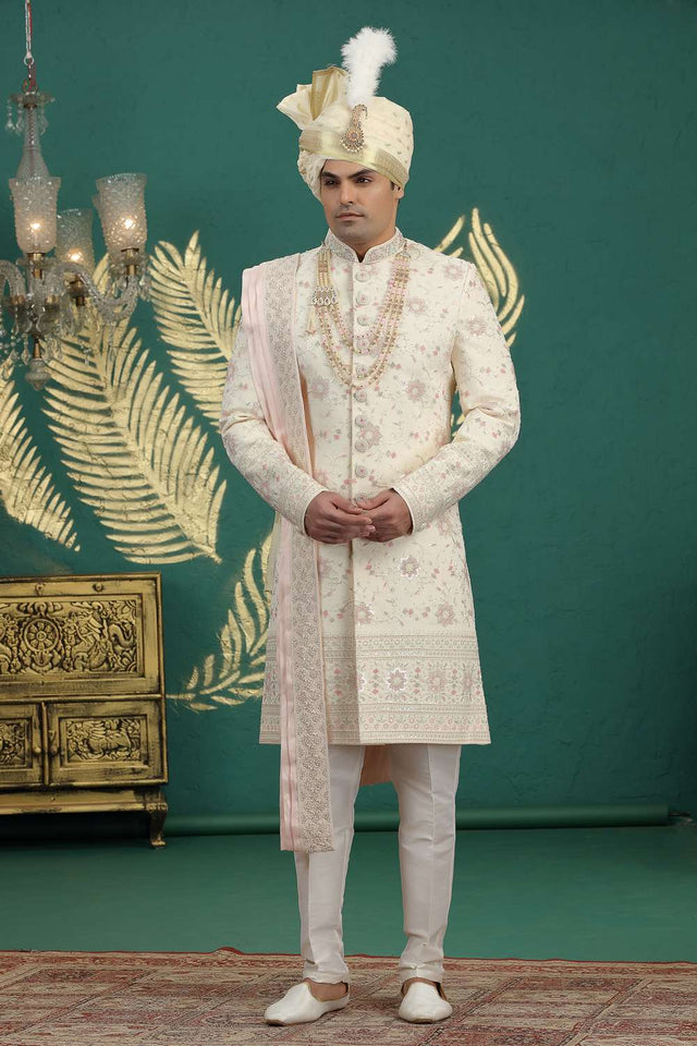 Men's Gold Sequin with Embroidered Art Silk Sherwani Sets