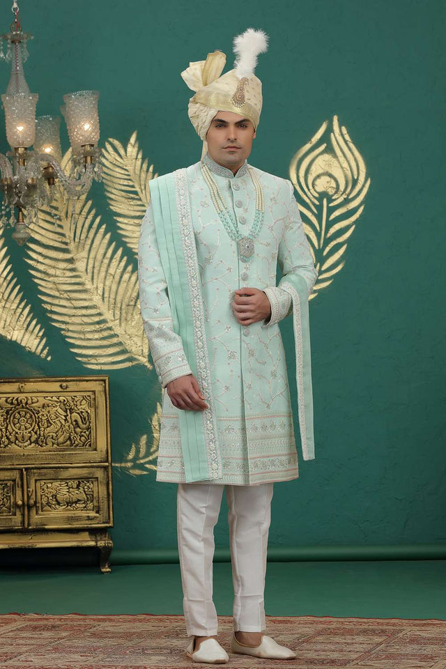 Men's Green Sequin with Embroidered Art Silk Sherwani Sets