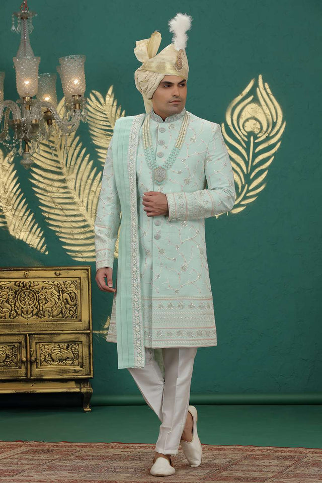 Men's Green Sequin with Embroidered Art Silk Sherwani Sets
