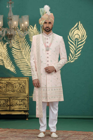 Men's Pink Sequin with Embroidered Art Silk Sherwani Sets