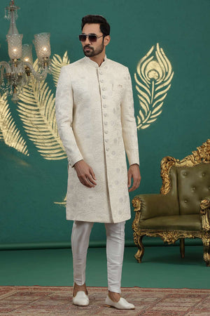 Men's Cream Sequin with Embroidered Art Silk Sherwani Sets