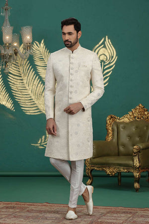 Men's Cream Sequin with Embroidered Art Silk Sherwani Sets