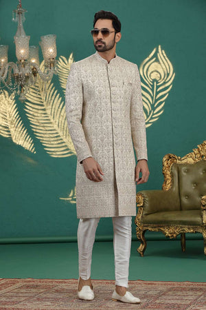 Men's Off White Sequin with Embroidered Art Silk Sherwani Sets