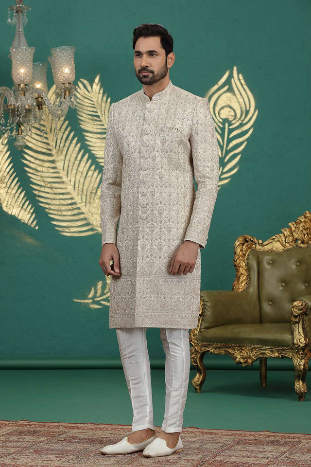 Men's Off White Sequin with Embroidered Art Silk Sherwani Sets