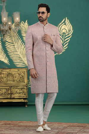 Men's Pink Sequin with Embroidered Art Silk Sherwani Sets