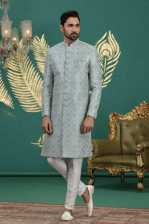 Men's Green Sequin with Embroidered Art Silk Sherwani Sets