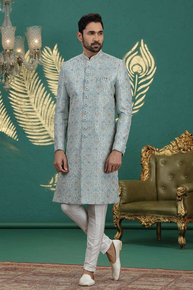 Men's Green Sequin with Embroidered Art Silk Sherwani Sets