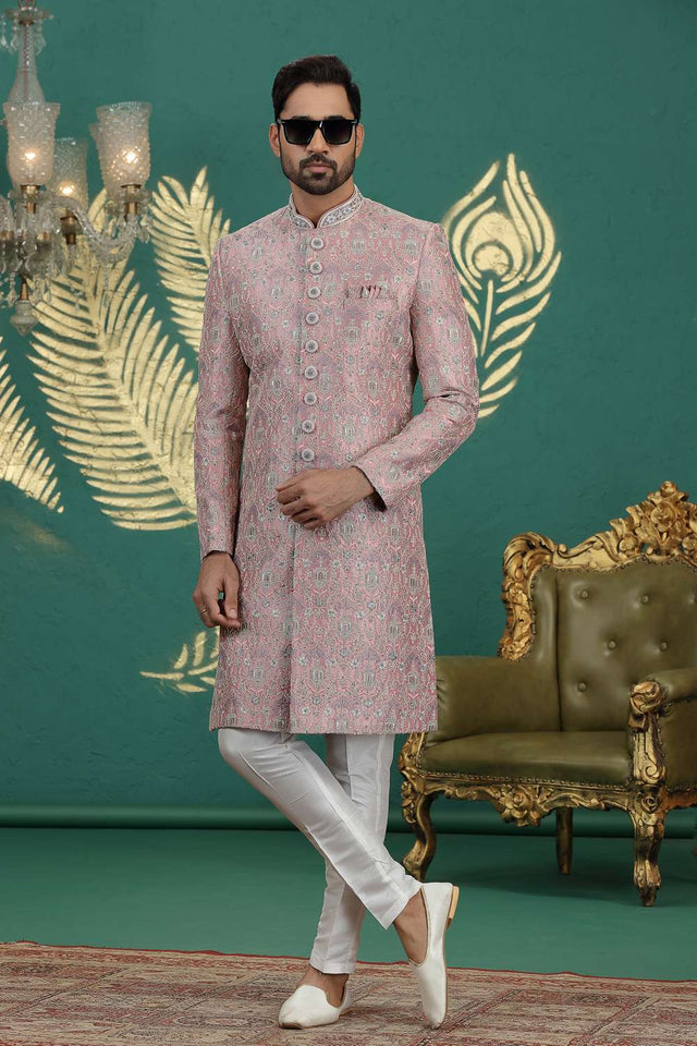 Men's Pink Sequin with Embroidered Art Silk Sherwani Sets