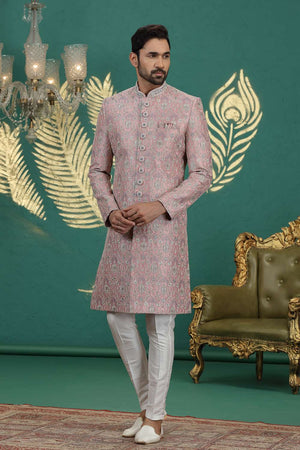 Men's Pink Sequin with Embroidered Art Silk Sherwani Sets