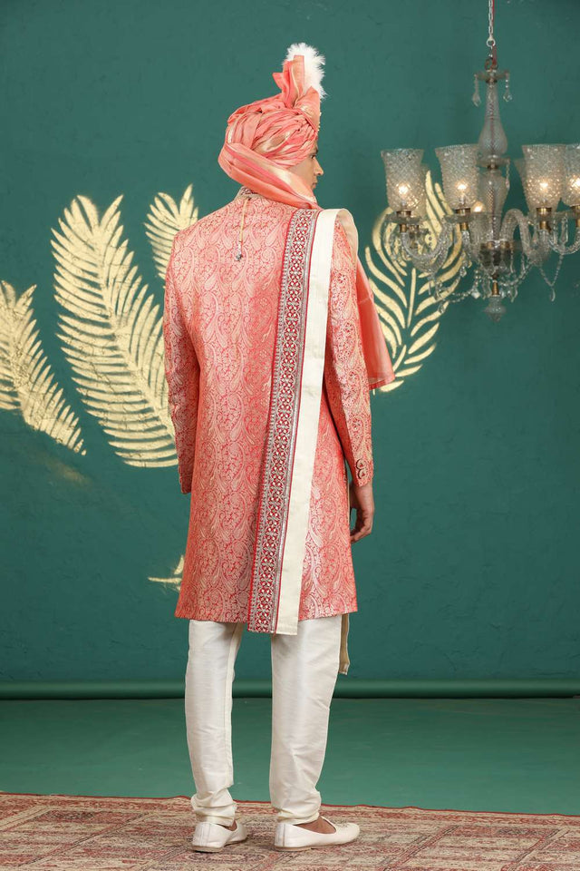 Men's Red Sequin with Embroidered Banarasi Sherwani Sets