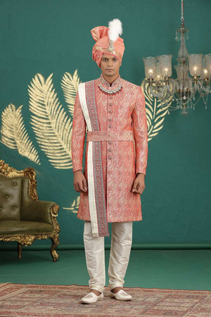 Men's Red Sequin with Embroidered Banarasi Sherwani Sets