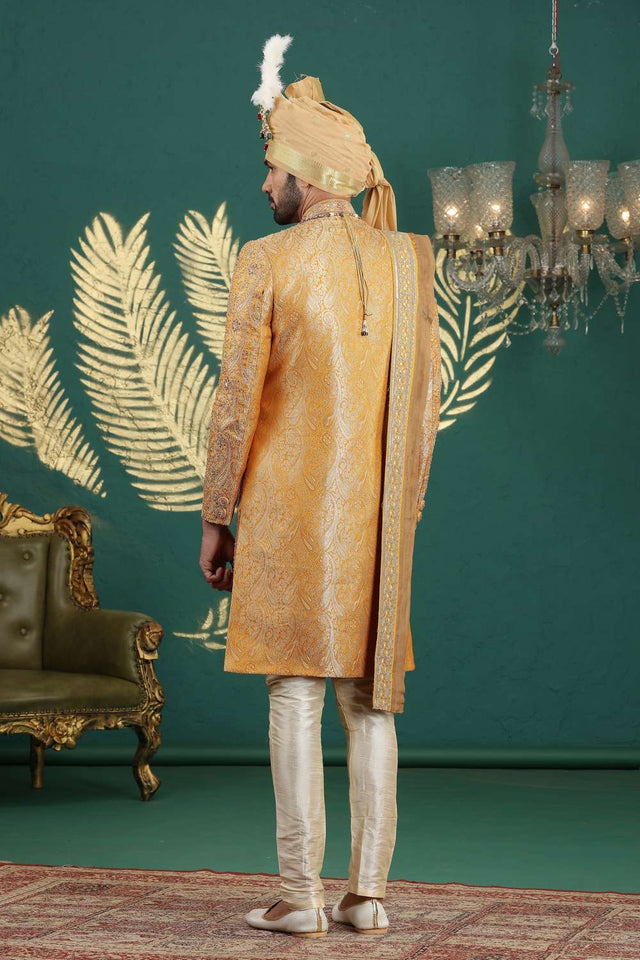 Men's Orange Sequin with Embroidered Banarasi Sherwani Sets