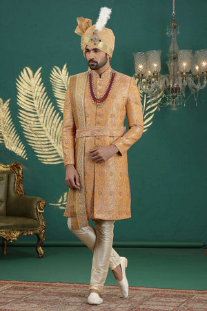 Men's Orange Sequin with Embroidered Banarasi Sherwani Sets