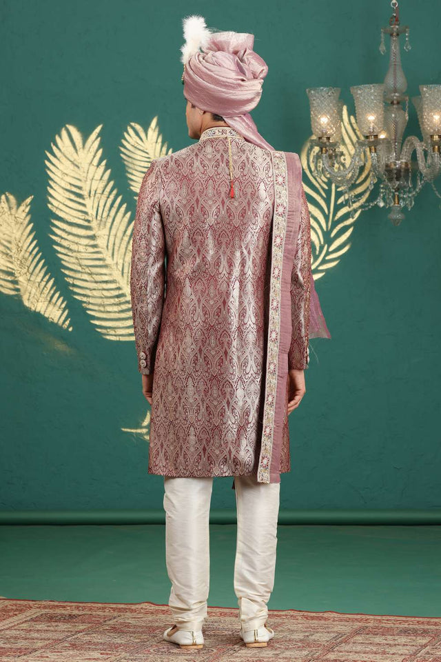Men's Wine Sequin with Embroidered Banarasi Sherwani Sets