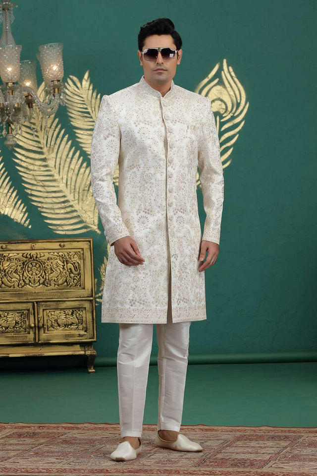 Men's Cream Sequin with Embroidered Art Silk Sherwani Sets