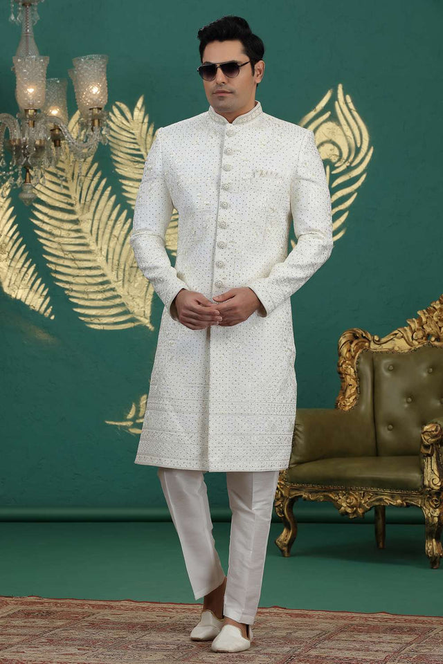 Men's Cream Sequin with Embroidered Art Silk Sherwani Sets