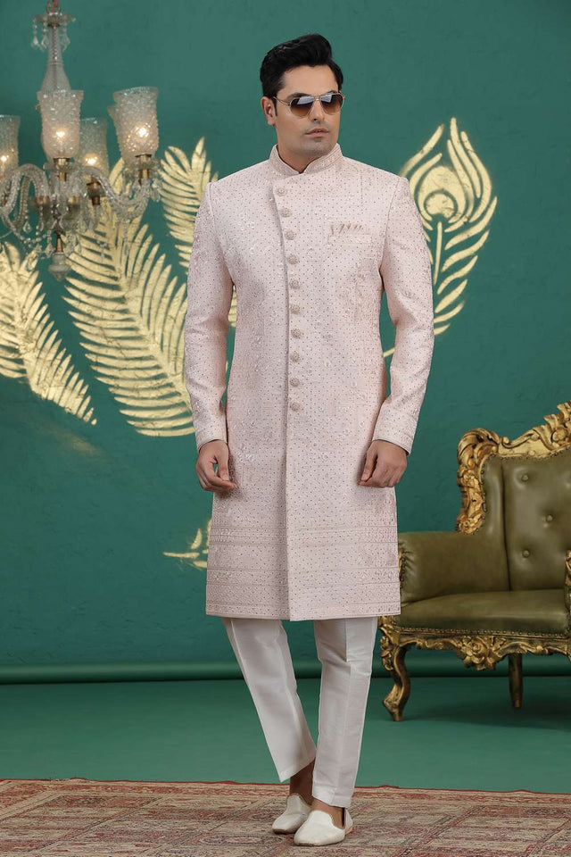 Men's Peach Sequin with Embroidered Art Silk Sherwani Sets