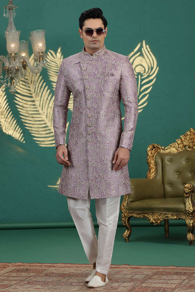Men's Pink Sequin with Embroidered Art Silk Sherwani Sets
