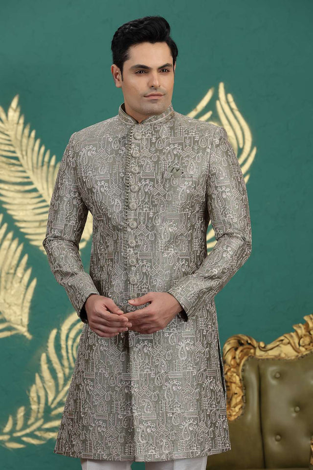 Men's Green Sequin with Embroidered Art Silk Sherwani Sets