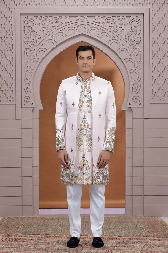 Men's Pink Embroidered Art Silk Sherwani Sets