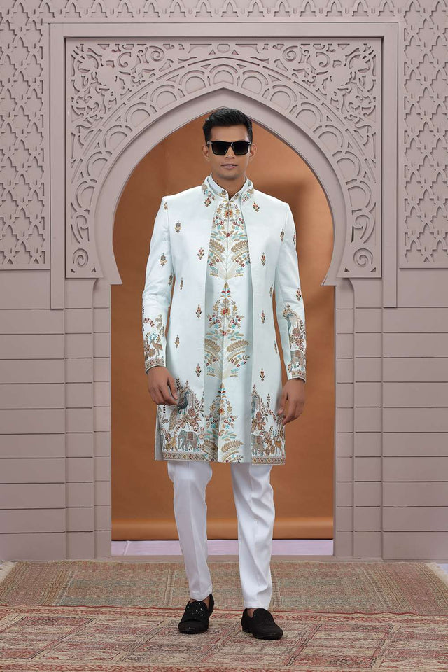 Men's Green Embroidered Art Silk Sherwani Sets