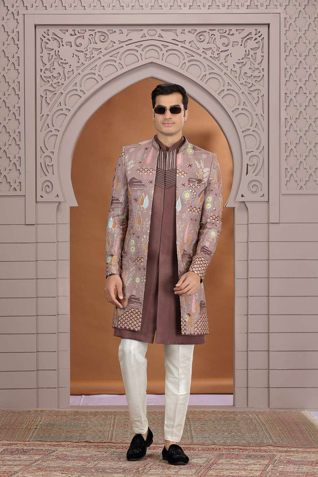 Men's Brown Embroidered Art Silk Sherwani Sets