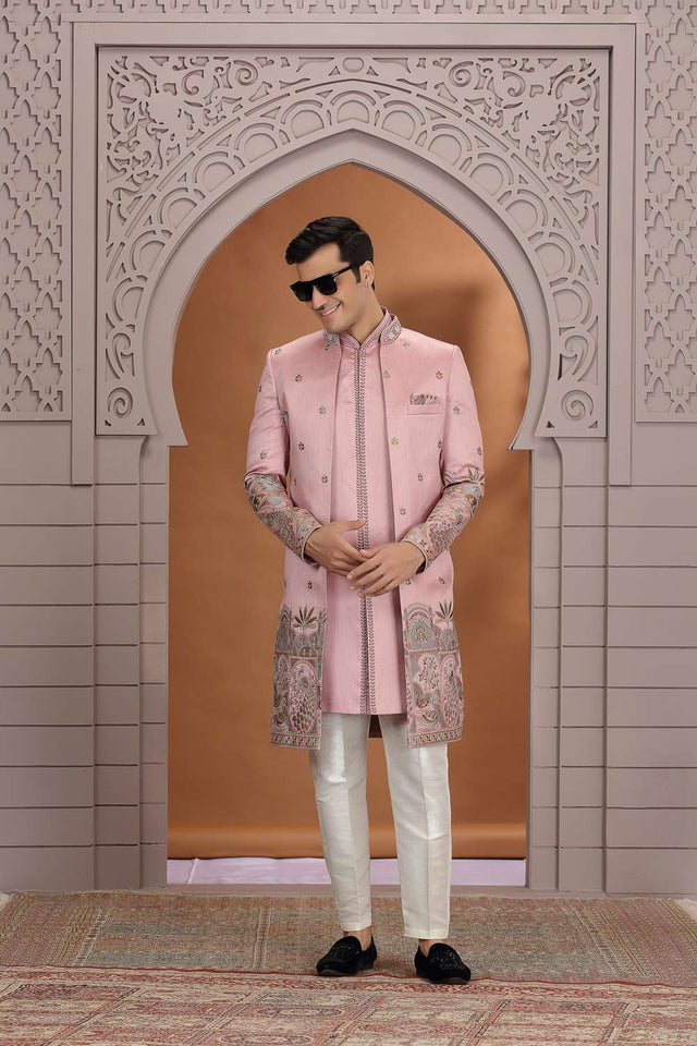 Men's Pink Embroidered Art Silk Sherwani Sets
