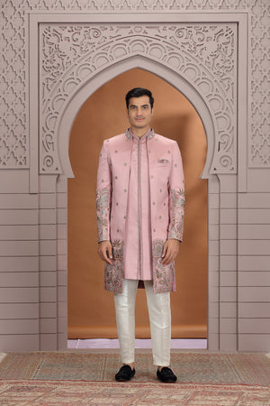 Men's Pink Embroidered Art Silk Sherwani Sets