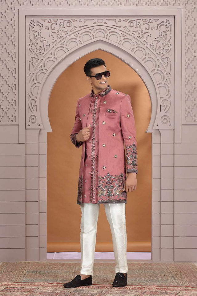 Men's Pink Embroidered Art Silk Sherwani Sets