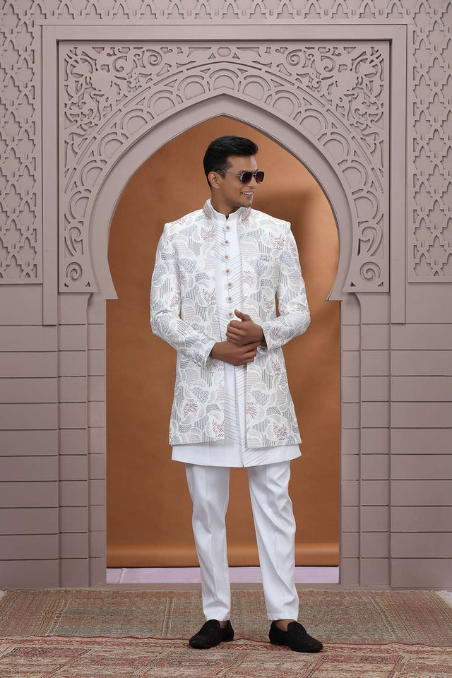 Men's Off White Embroidered Art Silk Sherwani Sets