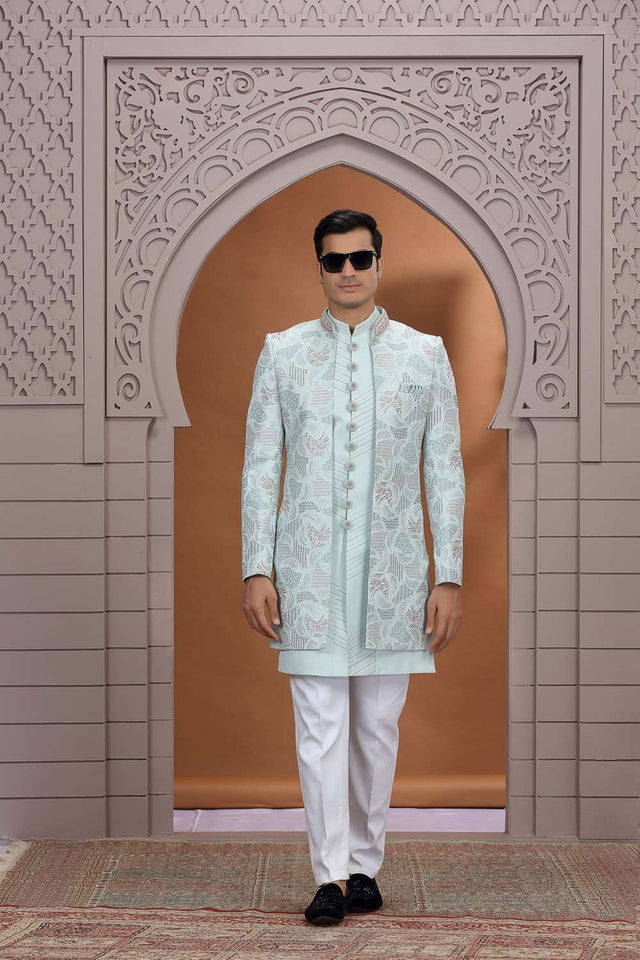 Men's Green Embroidered Art Silk Sherwani Sets